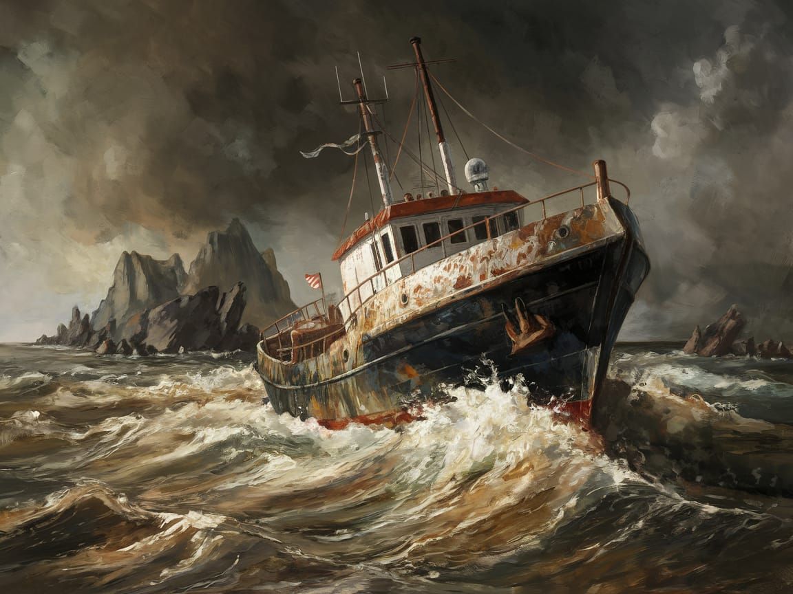 Storm-Tossed Trawler in Abstruse, Surrealistic Landscape