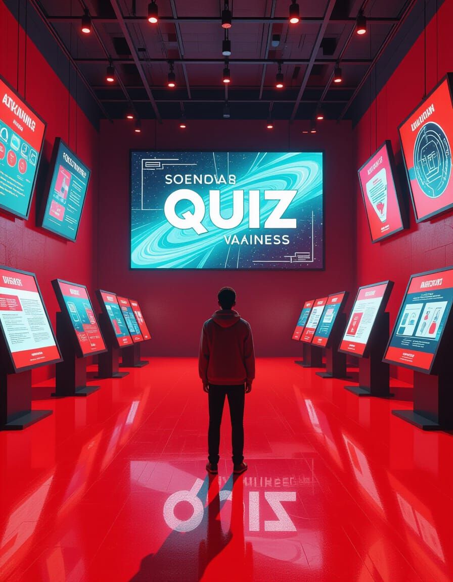 Vast Red Room with Quiz Boards in Graphic Style