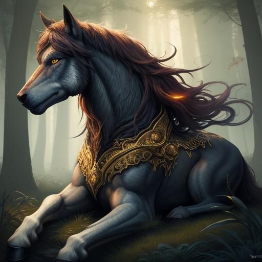 Horse-Wolf Fusion in Mystical Forest: Fantasy Concept Art