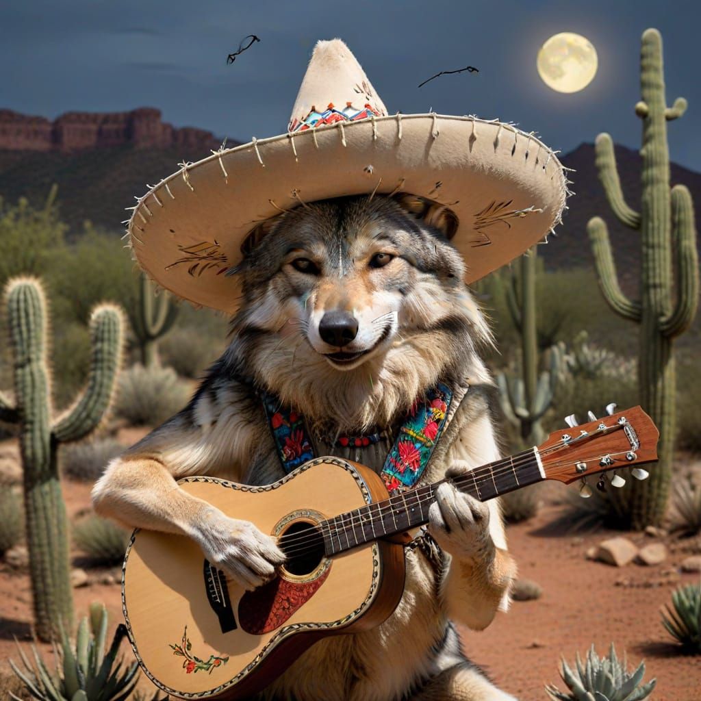 Mexican Grey Wolf Serenades Moon with Guitar