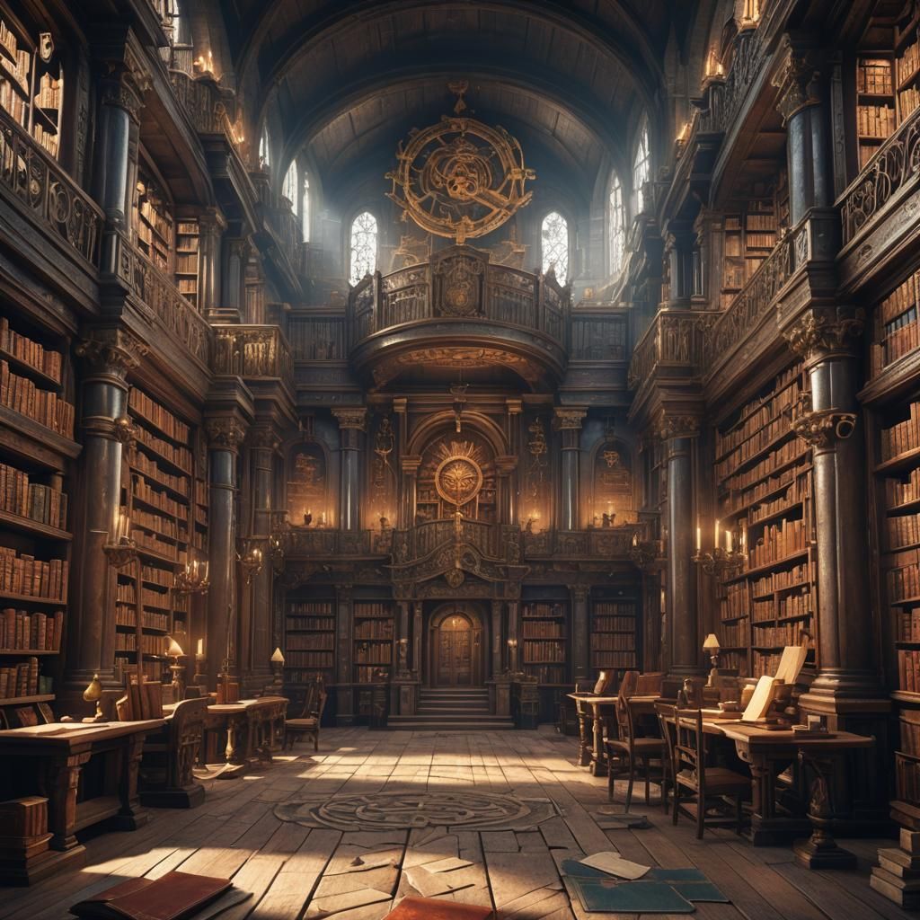 Ancient Library with Scrolls: Detailed Matte Painting