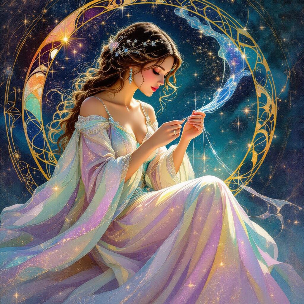 Cosmic Seamstress Sewing Gowns from Nebulae Fabric