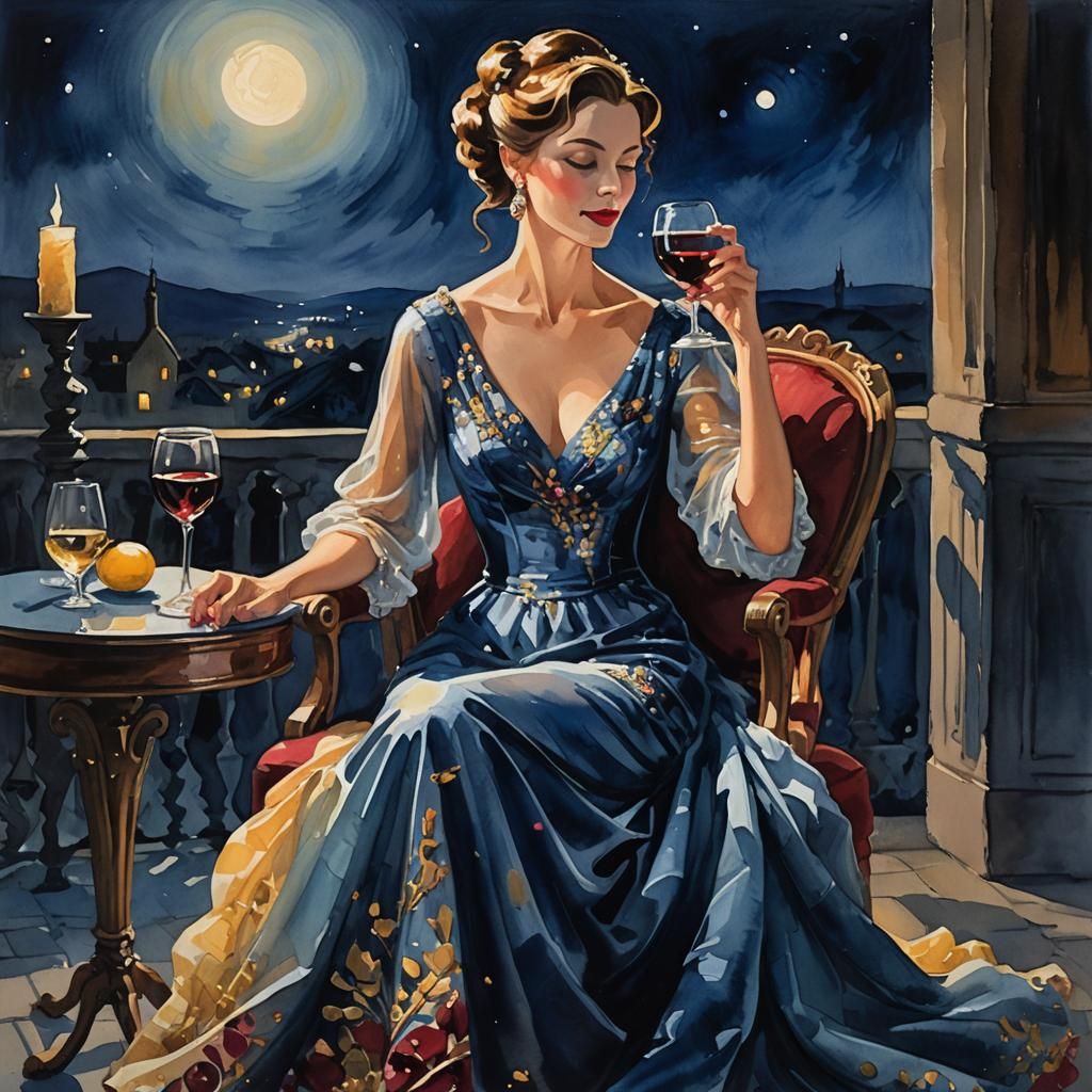 Impressionist Lady Sipping Wine in Gouache