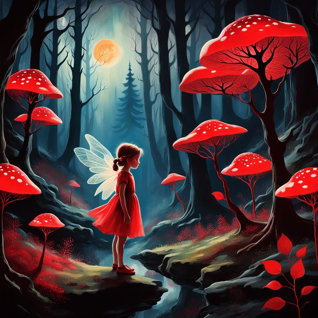 Dreamlike Landscape with Red Trees in Photogram Style