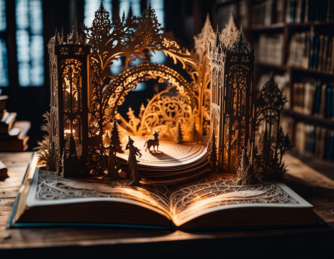 Fantasy Papercut Pop-Up Book in Mysterious Library