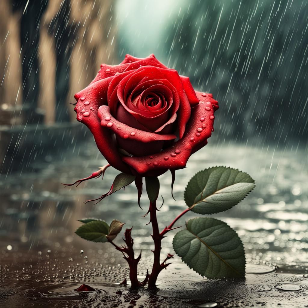 Radiant Red Rose in the Rain: A Romantic Rendering