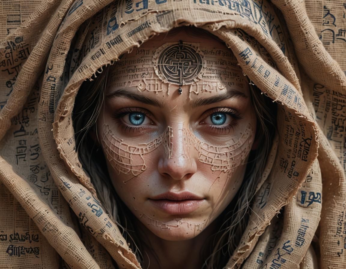Woman in Burlap with Ancient Scripture, 3D Portrait