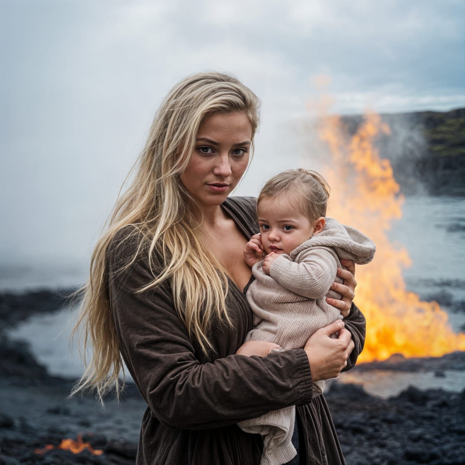 Icelandic Woman and Baby near Active Volcano