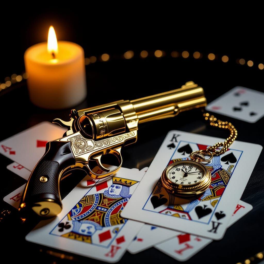 Golden Revolver and Cards on Table, Candlelit