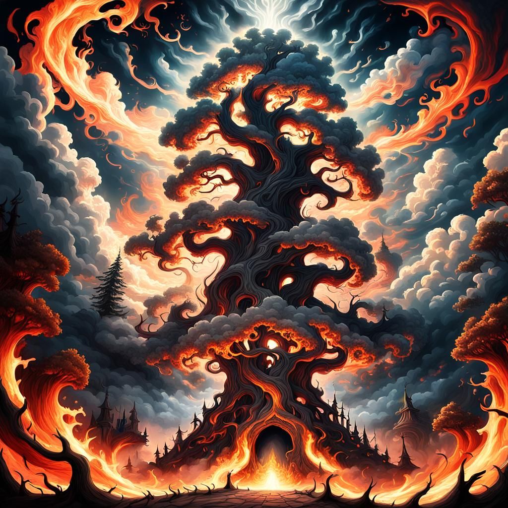 Surreal Fusion of Heaven and Hell with Colossal Tree