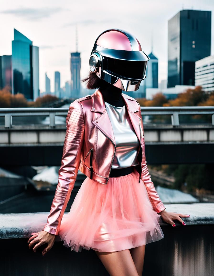 Woman in Daft Punk Helmet on Bridge