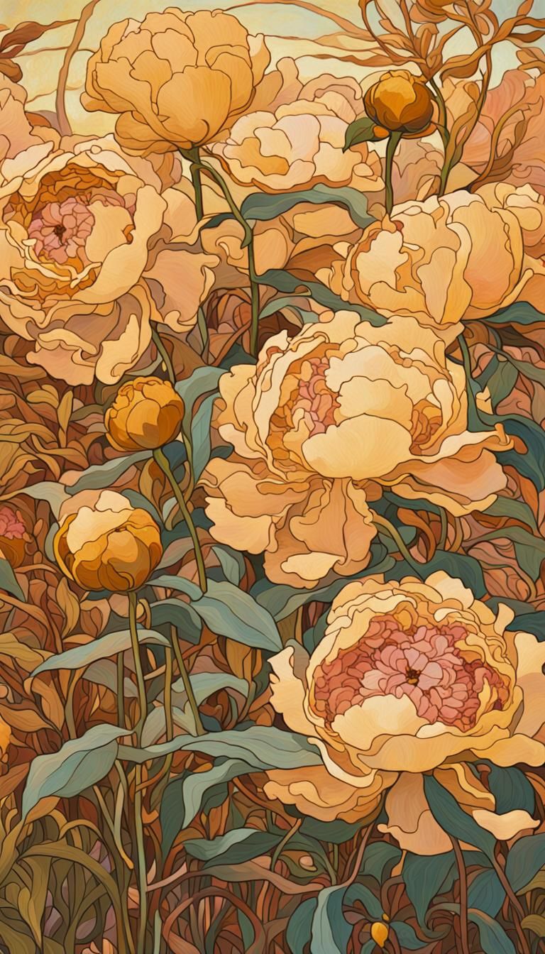 Entangled Peonies in Autumnal Field: Art Nouveau Style