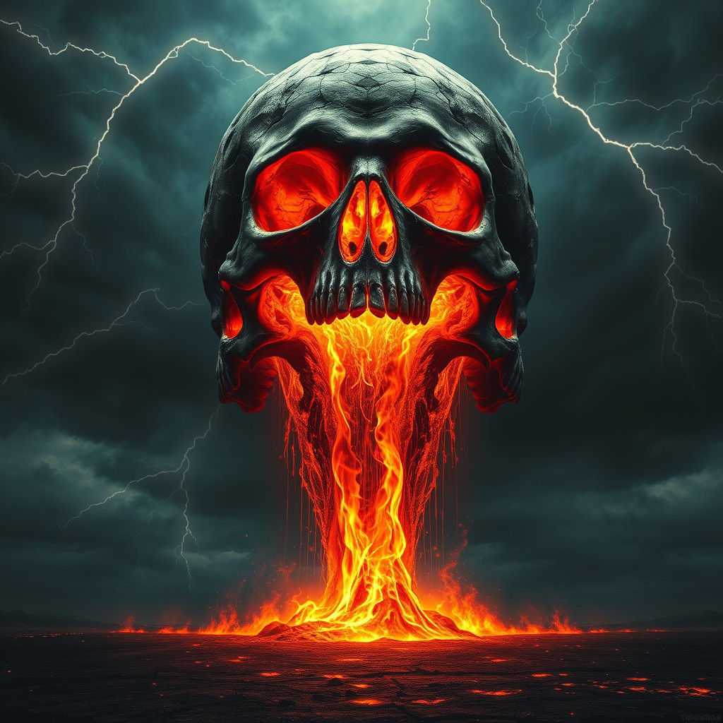 Colossal Skull Spewing Fire in Stormy Night
