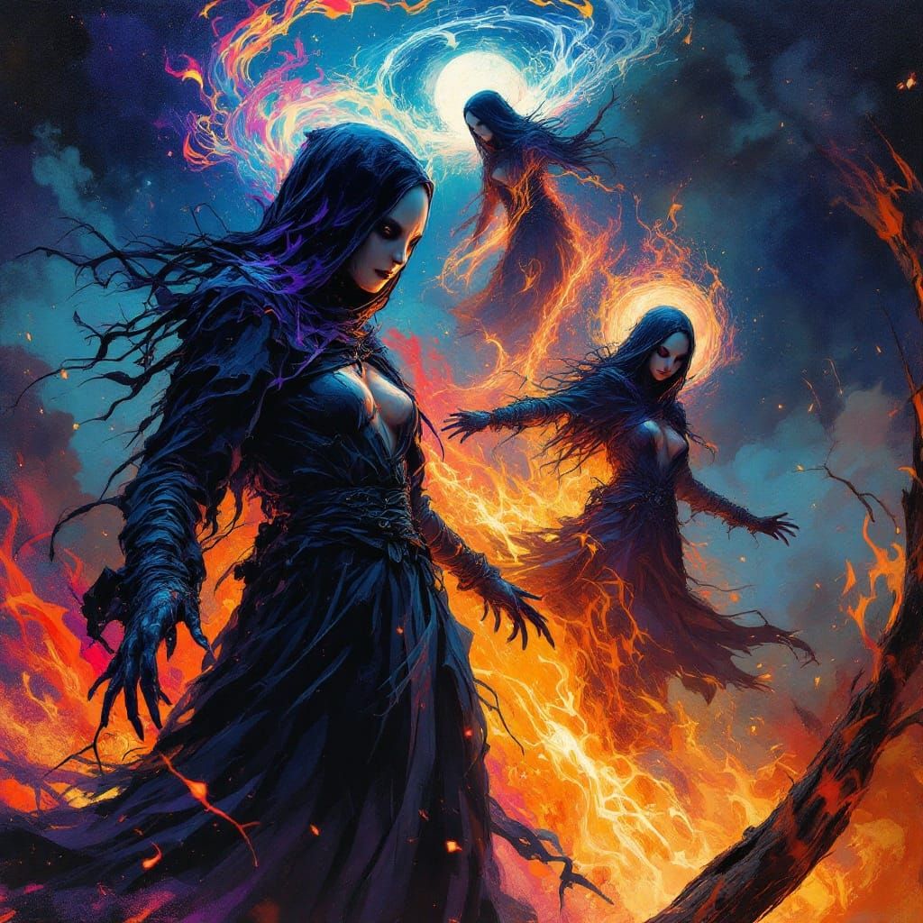 Witches of Salem Rising in a Graffiti Fire Halo