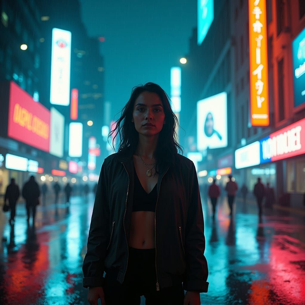 Woman in Rainy Cyberpunk Cityscape