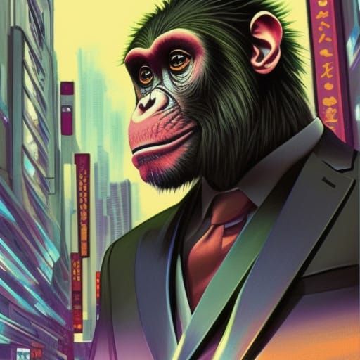 Yakuza Chimpanzee in Tokyo City Lights