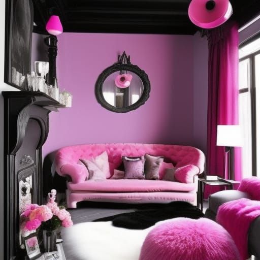 Cute gothic pink penthouse with pink walls with Black accents& pink gothic furniture with fluffy pink pillows& pink floo...