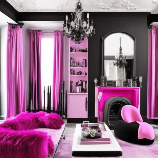 Cute gothic pink penthouse with pink walls with Black accents& pink gothic furniture with fluffy pink pillows& pink floo...