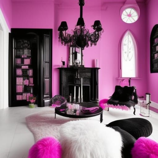 Cute gothic pink penthouse with pink walls with Black accents& pink gothic furniture with fluffy pink pillows& pink floo...