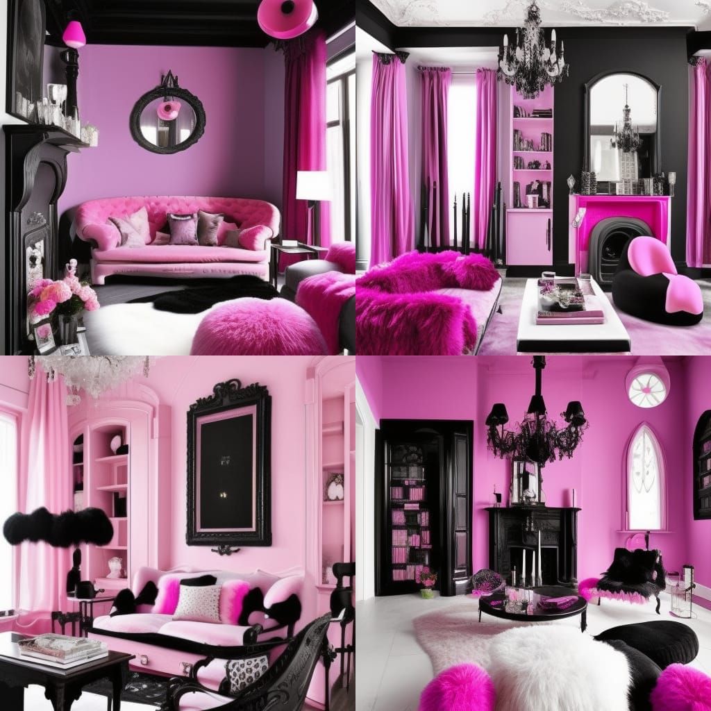 Cute gothic pink penthouse with pink walls with Black accents& pink gothic furniture with fluffy pink pillows& pink floo...
