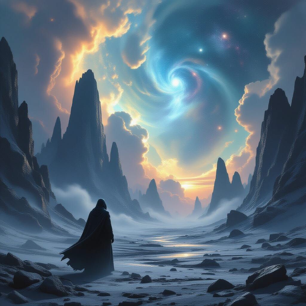 Cloaked Figure on Alien Planet Under Nebula Sky