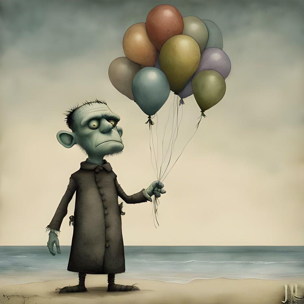 Frankenstein's Monster At The Beach Holding Balloons