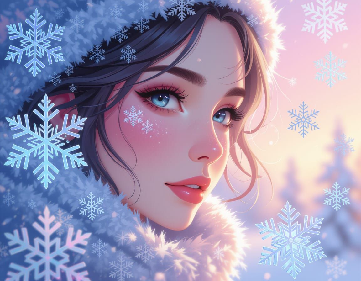 Hyperrealistic Snowflakes Swirling in Magical Pink and Silve...