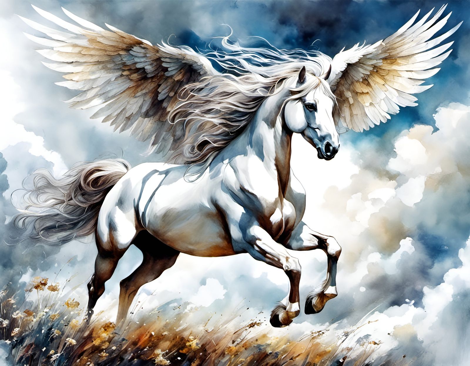 Majestic White Pegasus in a Dramatic Sky