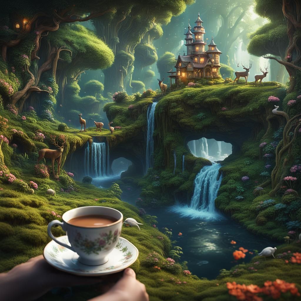 Enchanted Forest Teacup: Fantastical Matte Painting