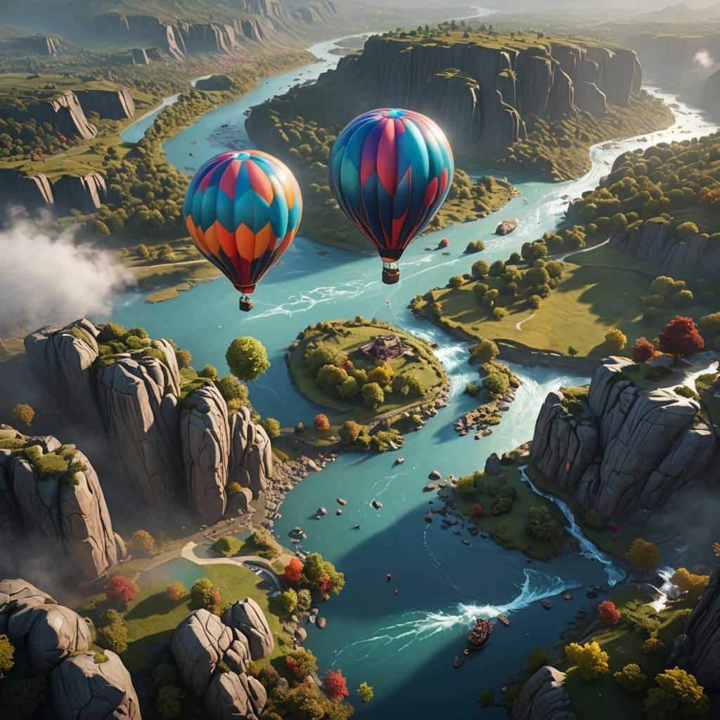 Colorful Balloon Over River: Fantasy Concept Art