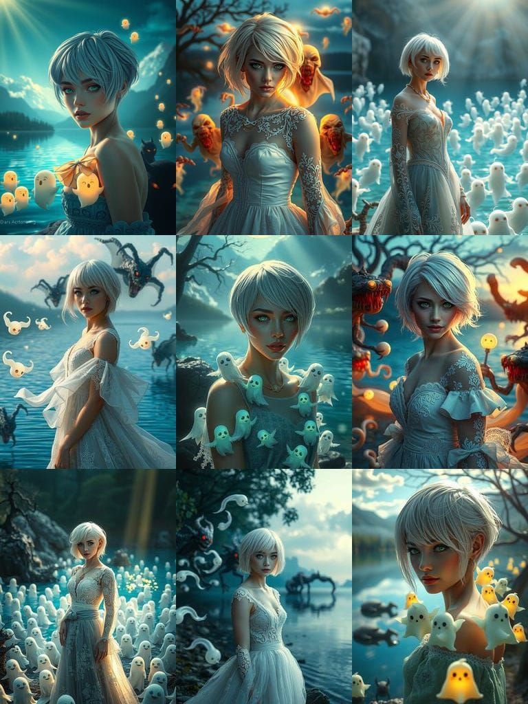 Ethereal Fantasy Woman Surrounded by Whimsical Creatures