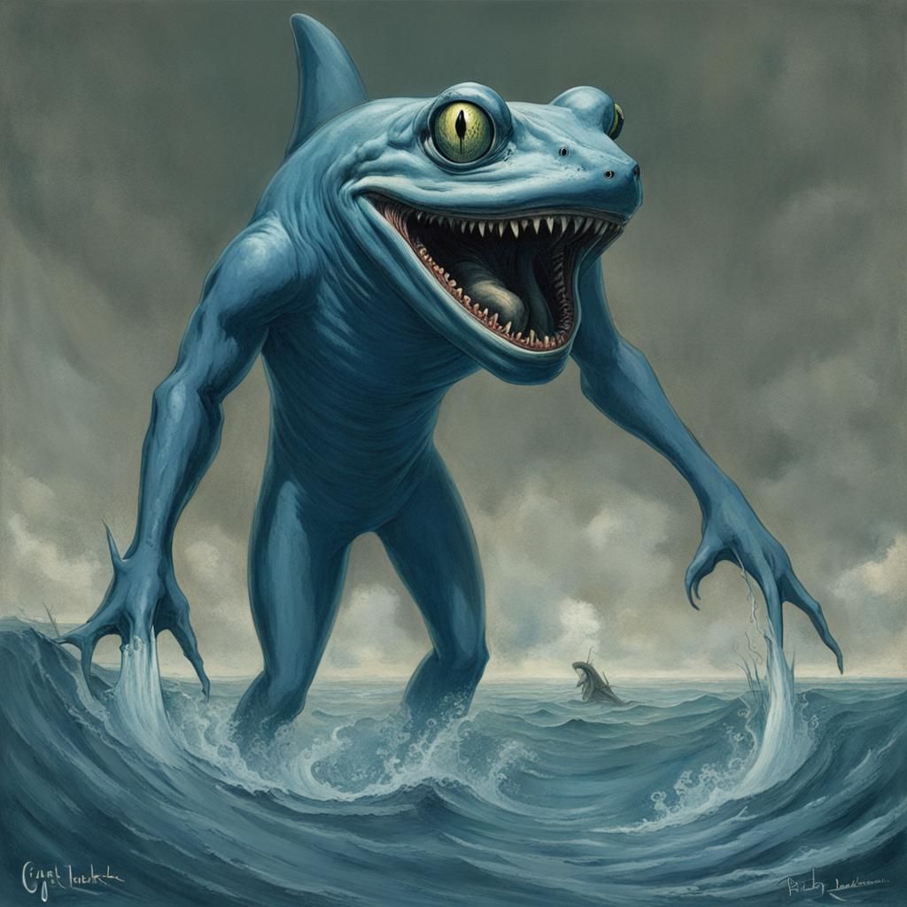 Blue Frog-like Humanoid with Shark Teeth in Horror Style