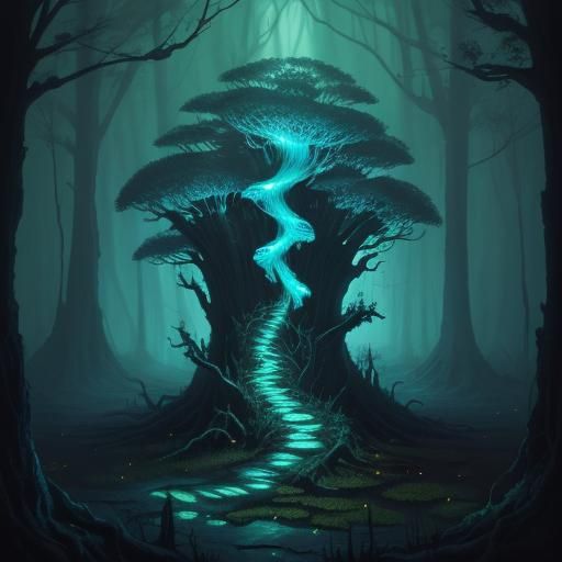 Bioluminescent Fungal Entity in Vibrant Oil Painting