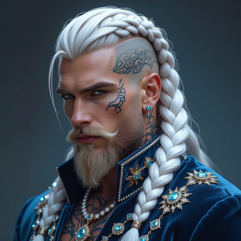 Viking Man in Blue Velvet Haute Couture with Tattoos