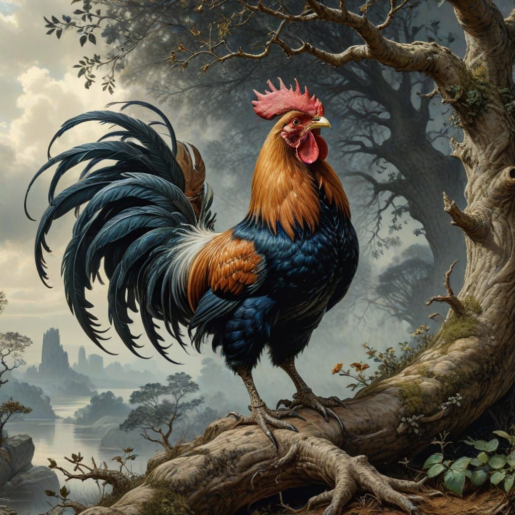 Rooster Gullinkambi Crowing on Yggdrasil: Ink Painting