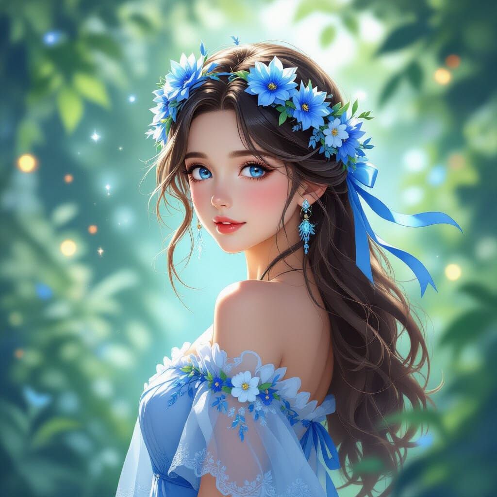 Anime Woman with Flower Crown in Garden
