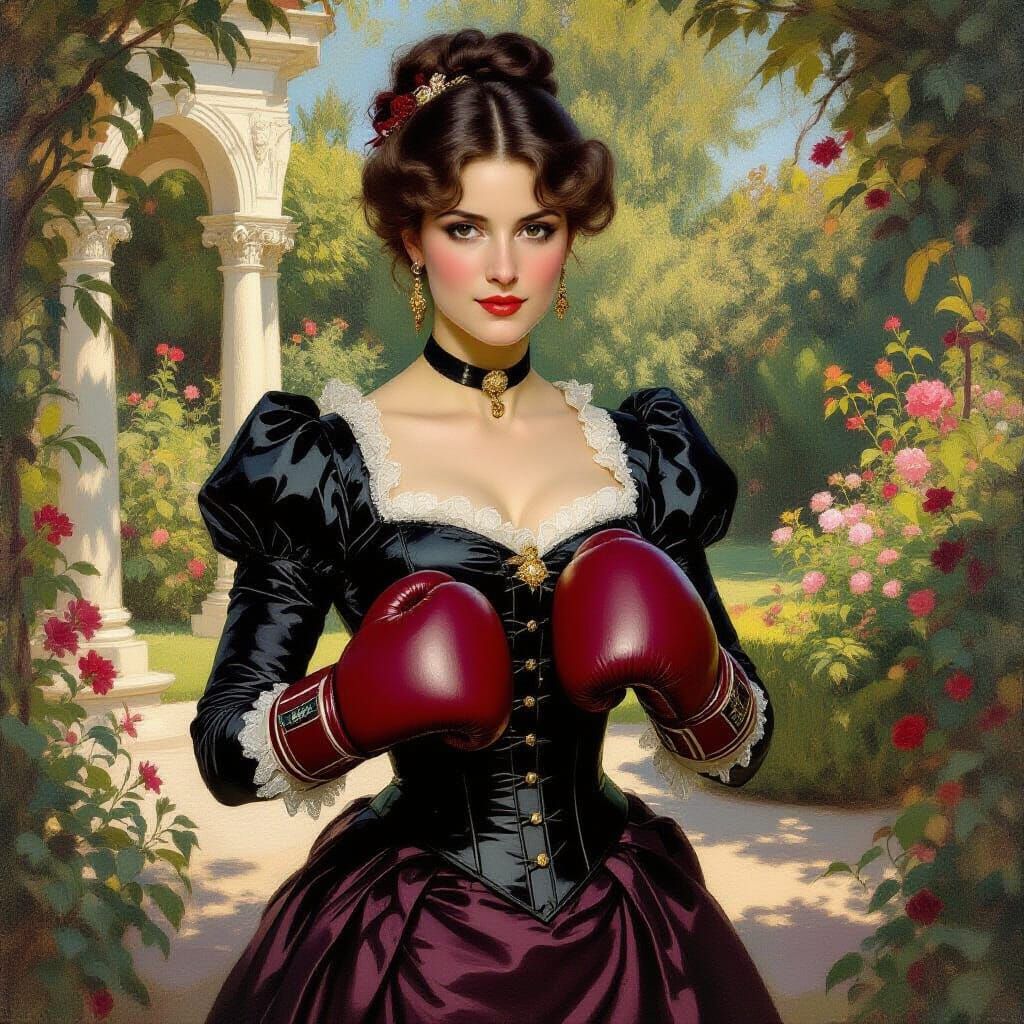 Victorian Boxer Woman in Garden Oil Painting