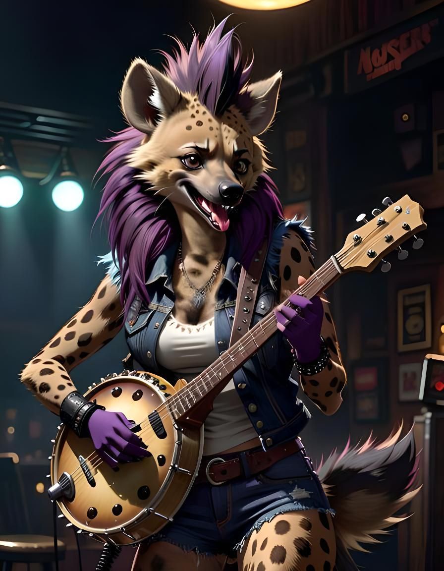Cute Furry Hyena Punk Playing Banjo in Cartoon Art
