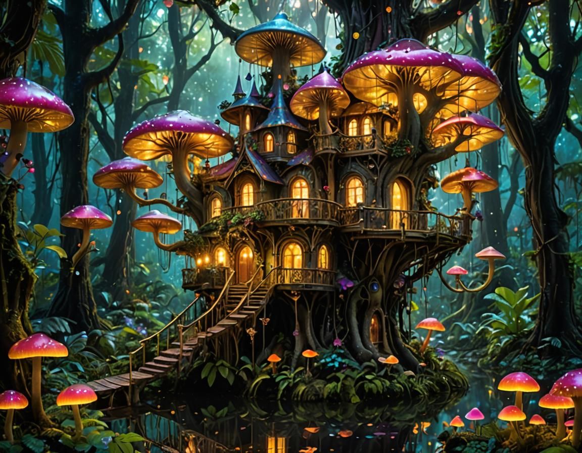 Surreal Fairy Treehouse Palace Radiating Bioluminescent Glow