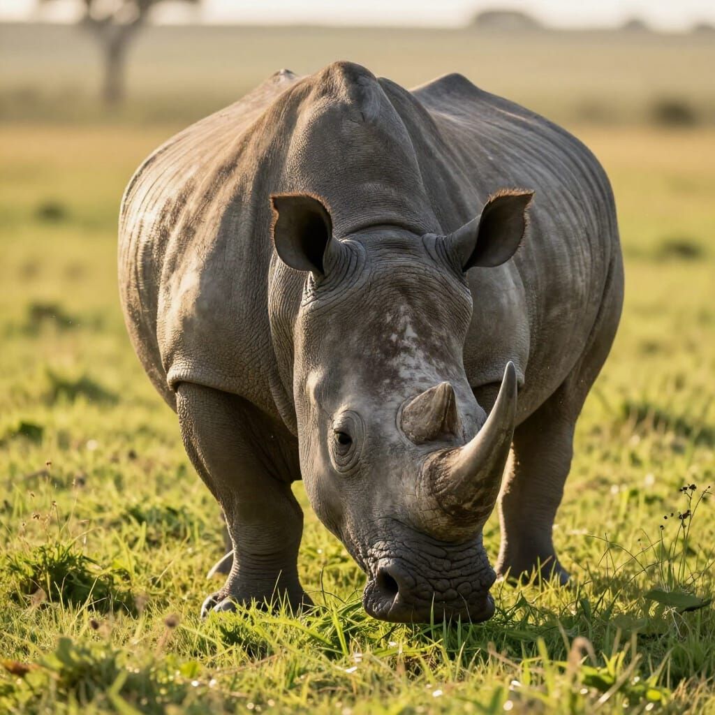 Hyperrealistic Rhino Eating Grass in Golden Hour Savanna
