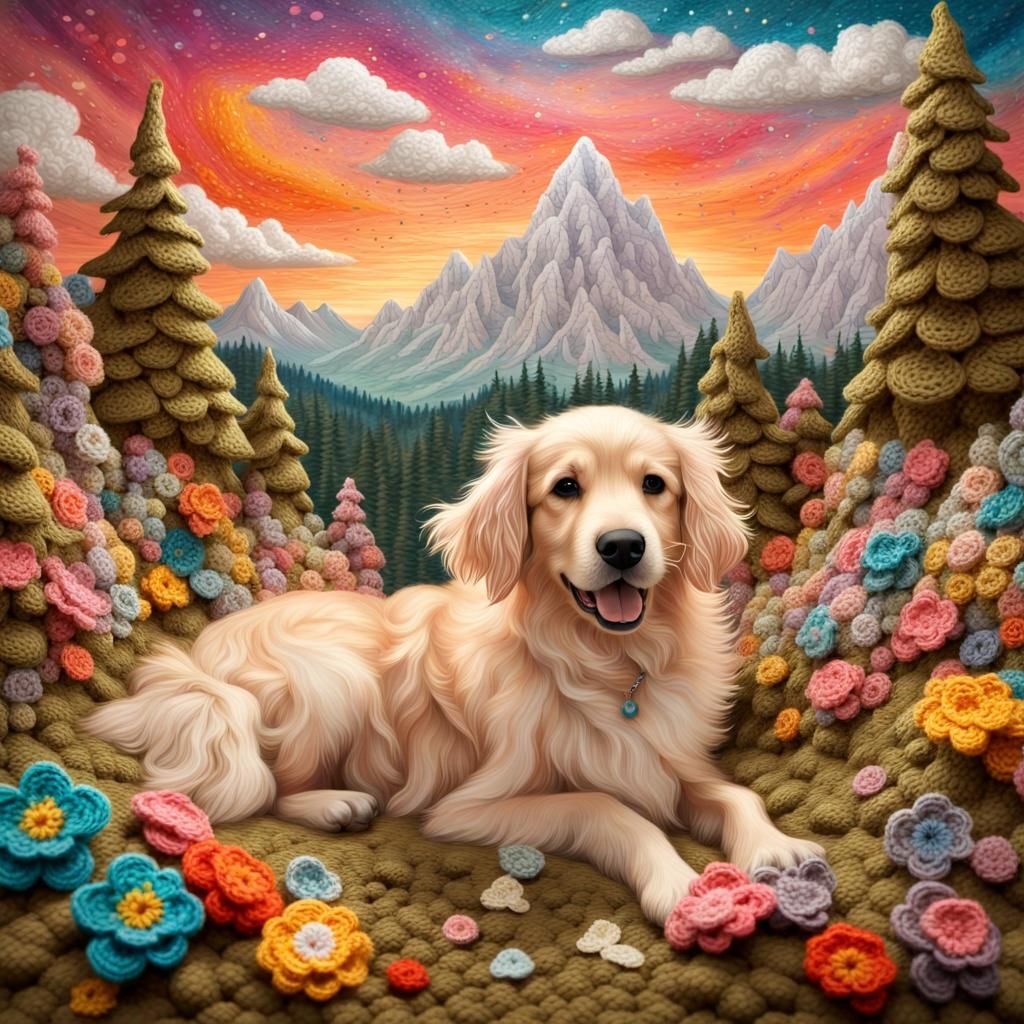 Enchanted Crocheted Fairy Forest with Golden Retriever