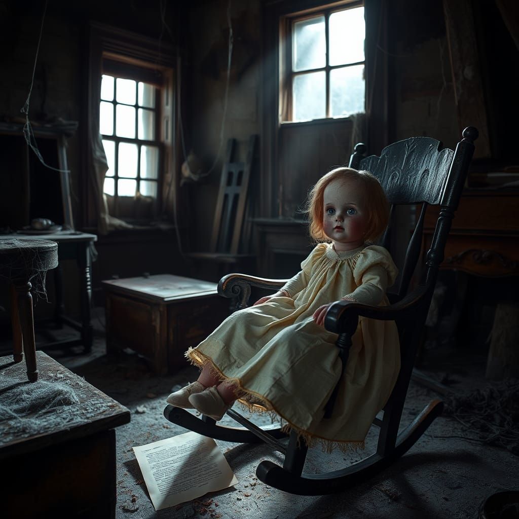 Eerie Porcelain Doll in Decaying Attic