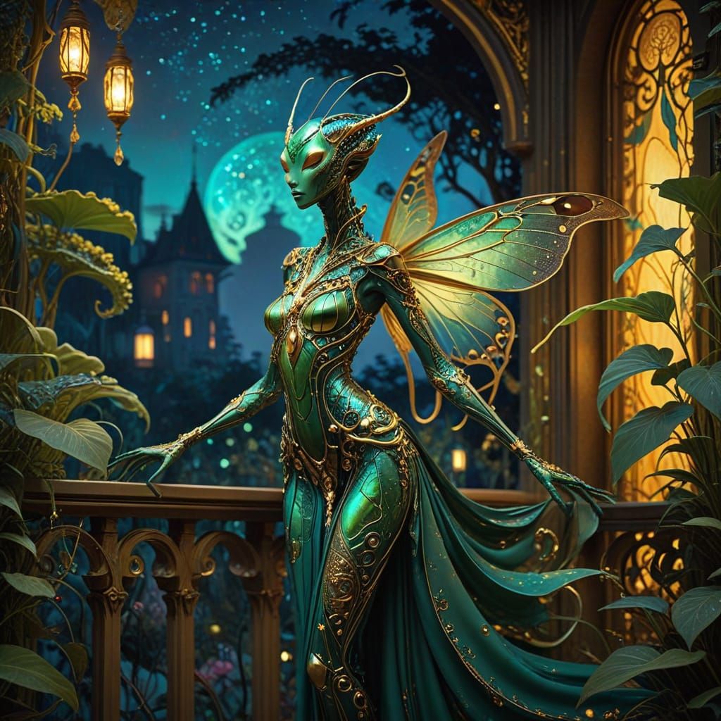 Art Nouveau Mantis Villainess in Bioluminescent Jungle
