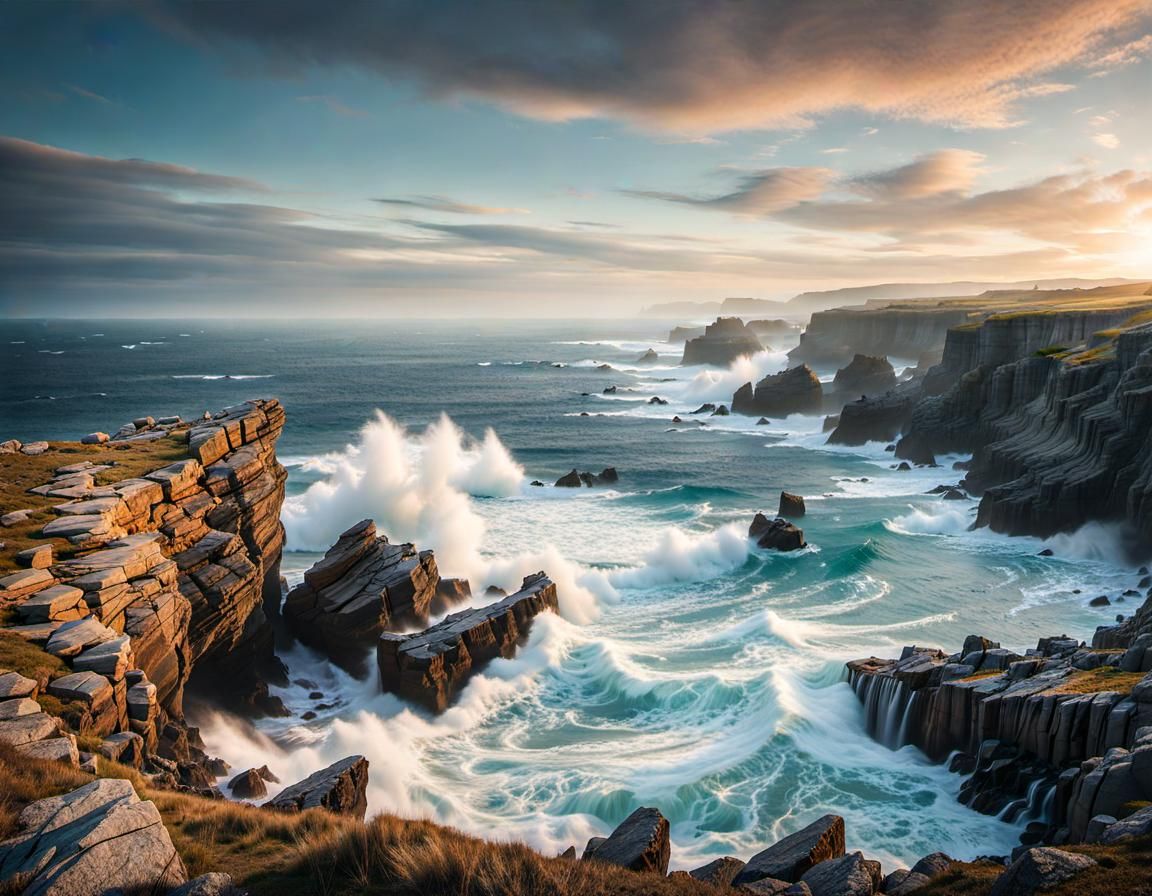 Turbulent Sea Crashing on Rocky Coastal Cliffs