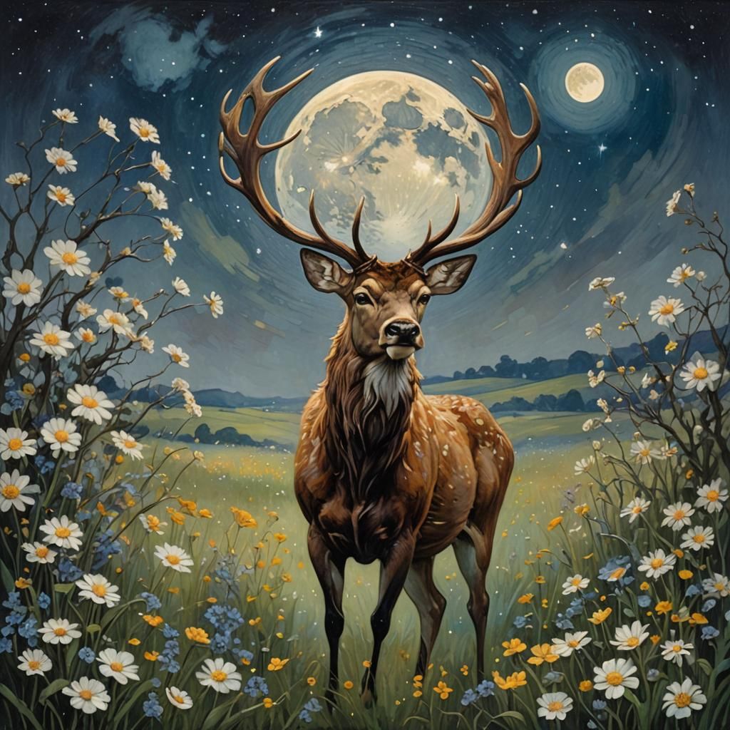 Art Nouveau Stag Under Moonlight in Floral Meadow
