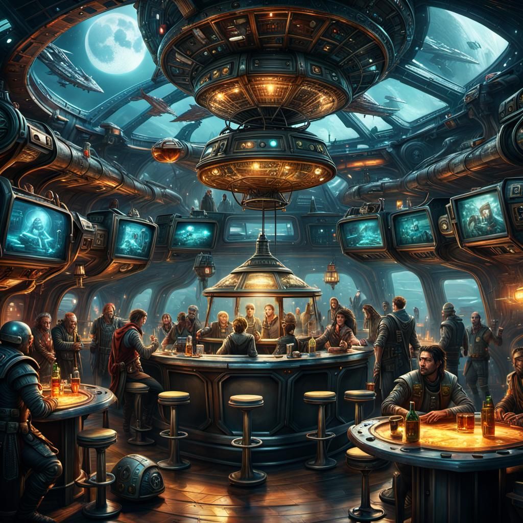 Steampunk Adventurer in Futuristic Bar: Digital Matte Painti...