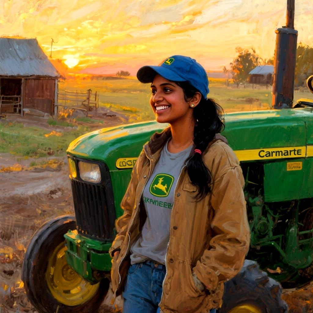Pakistani Woman with Tractor, Impressionistic Oil Painting