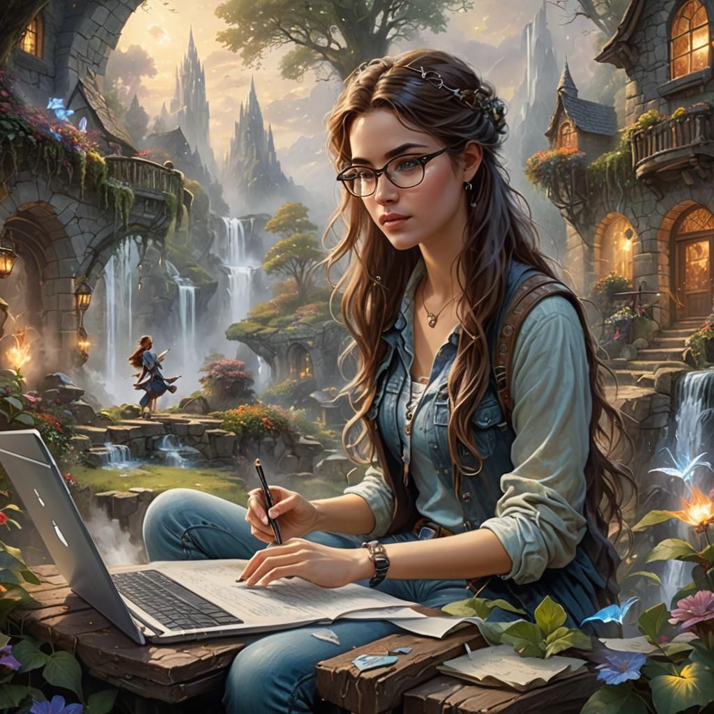 Magical World Surrounds Woman Writing