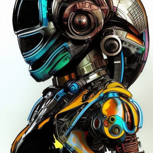 AI Cyborg Fighter: Technical Drawing in Triadic Colors