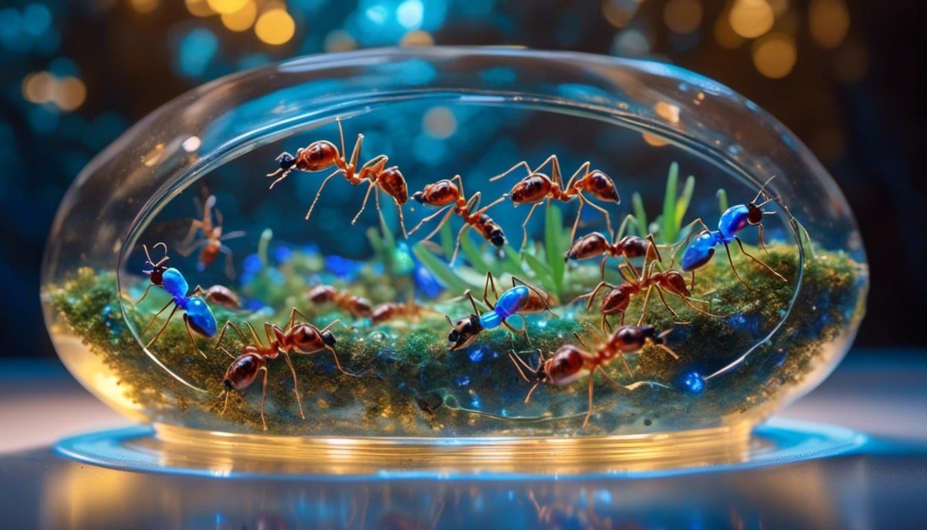 Ant Farm Inside Iridescent Crystal Cube Sculpture